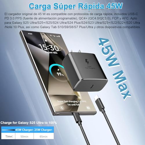 Eynshoo Paquete de 2 Cargador Tipo C 45W de Carga Rápida con 2 Cables de 2M, Cubo de Pared Compatible con Galaxy S26 Ultra/S25/S24/S23, Serie A55/A54/A35/A15, Note 20 y Tab S10/S9