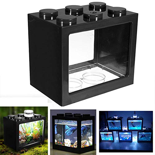 Womdee LED Aquarium Mini Fish Tank, Clear Bettas Fish Tank Block Fish Tank Reptile Box USB Office Table Decoration Ocean Micro-Landscape Box Miniature Pet with Color Changing Light Effects, Black
