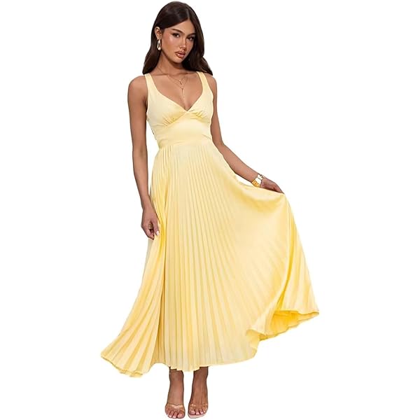 Amazon.com: Dessiny Yellow Aline Bridesmaid Dresses Spaghetti Straps Satin  Pleated V Neck Formal Evening Gowns for Women US0 : Clothing, Shoes &  Jewelry