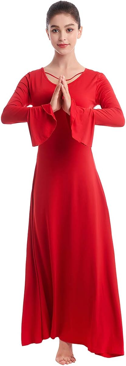 Womens Praise Bell Long Sleeve Dance Dress Loose Fit Full Length Liturgical Lyrical Worship Dancewear: Clothing