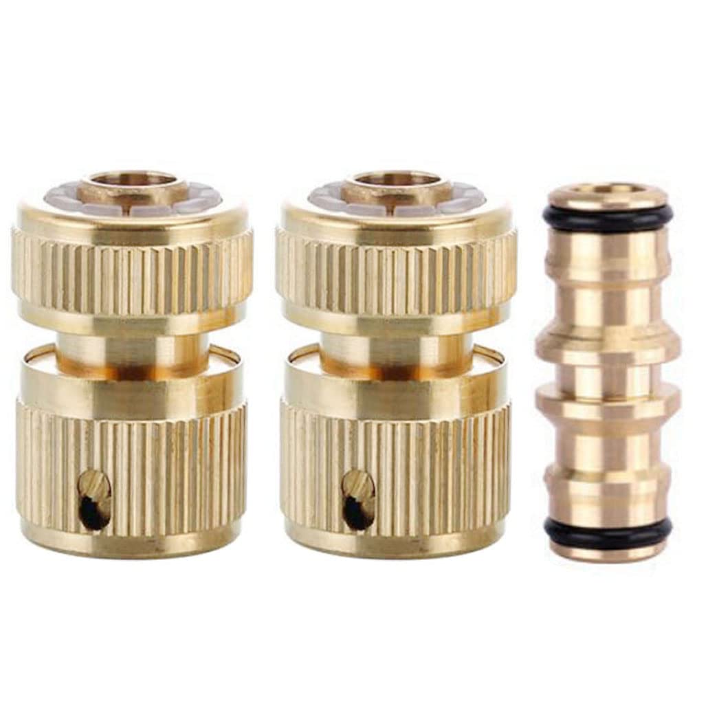 3 Piece Brass Hose Connector Set, Garden Tap Connector Hose Quick Coupling 1/2 Inch for Car Washing and Hose Connection