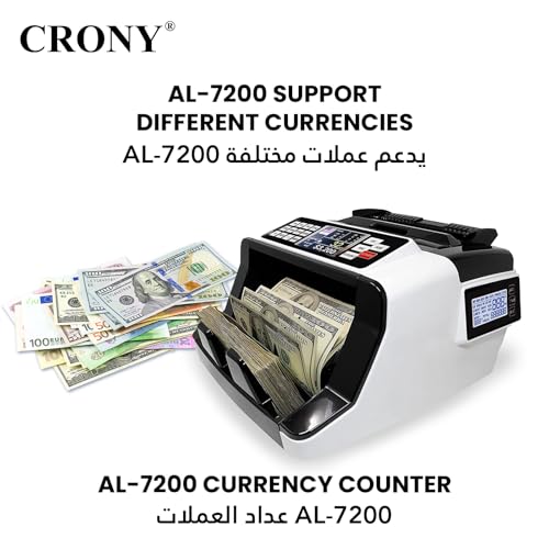 CRONY Money Counter Machine Banknote - AL-7200 Portable Counting Money Detector With Rechargeable Battery For Any Currency,UV MG IR DD Counterfeit Bill Detection Cash Counting with Dual Display