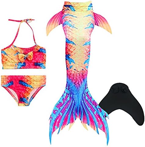 Mermaid Tails for Swimming,with Monofin,Children Mermaid Clothing Cosplay,Swimmable Tail Swimsuit 4PCS Sets