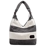 Hiigoo Stripes Stitching Canvas Bags Casual Shoulder Bag Large Shopping Bag Handbags (Grey)