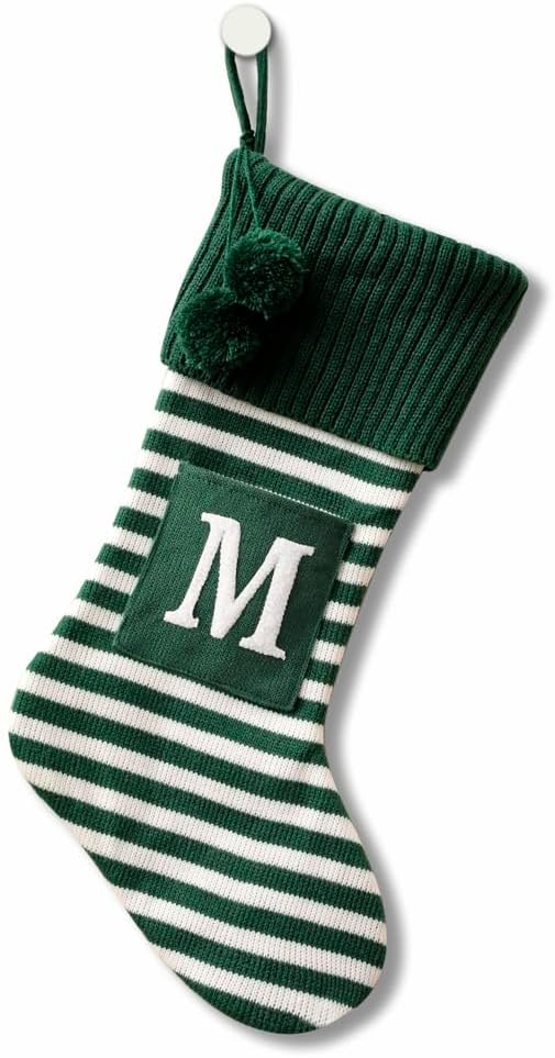Stockings & Holders - 20 Inches Initial Monogram Embroidered Christmas Stocking Striped knitted Christmas Decorations Stocking Red,White, Green Letter Stockings for Family Holiday and Xmas Tree Fireplace Decor-50-M-Green