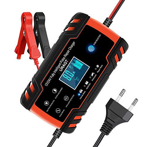 URAQT Chargeur de Batterie Intelligent 8A 12V/24V, Mainteneur de Chargeur Batterie Voiture, Chargeur de Batterie avec LCD Tactile Écran Protections Multiples de Réparation pour Camion/AGM/Gel/Wet/SLA