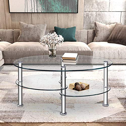 Tangkula Glass Coffee Table, Modern Furniture Decor 2Tier Modern Oval