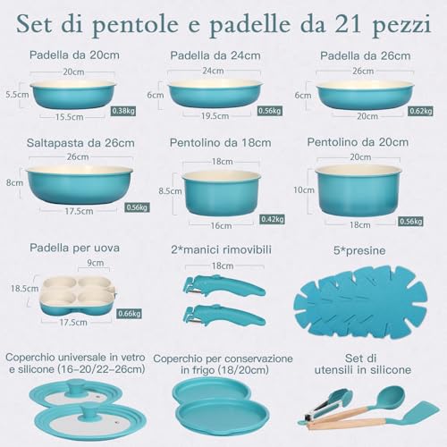 GiPP 21 Piece Non-Stick Frying Pan Set with Removable Handles, Blue | Suitable for Induction, Gas,Ceramic,Electric,Aluminium,Healthy Kitchen for Motorhomes,Toxin Free,Oven/Dishwasher Compatible