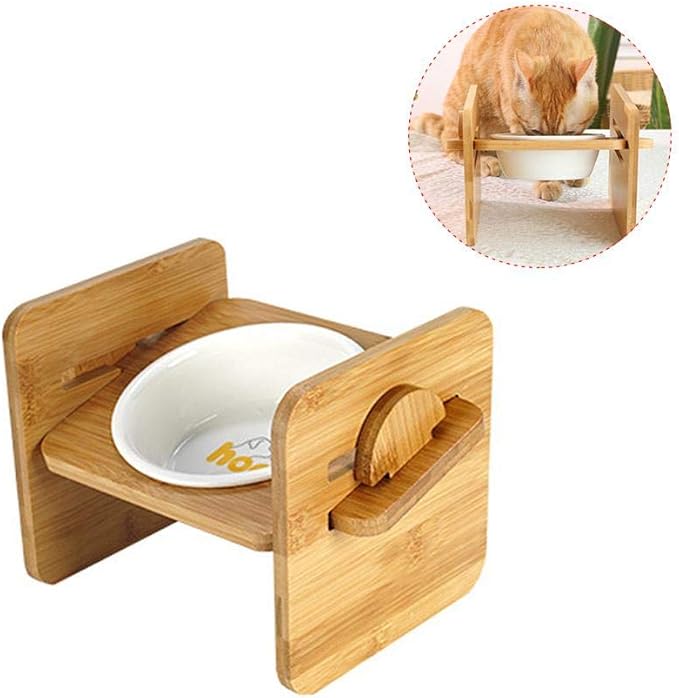 Fewao Adjustable Raised Dog Feeding Bowls with Wooden Elevated Stand