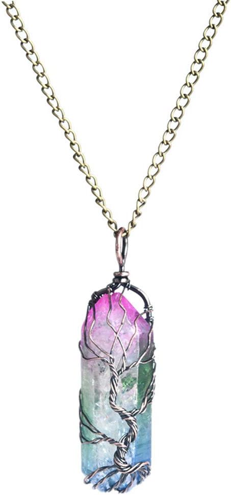 AbitonccNatural Irregular 7 Chakra Gemstone Tree of Life Copper Wire Wrapped Quartz Healing Crystal Pendant Classic Necklace