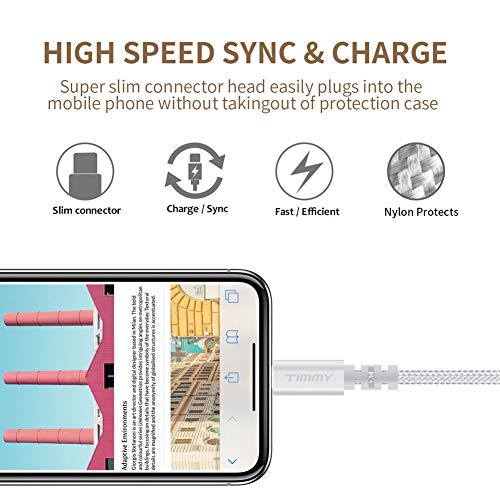 TIMMY Phone Charger Cable 4PACK 6Feet Extra Long Nylon Braided USB Charging Cable High Speed Connector Data Sync Transfer Cord Compatible with Phone XS Max/X/8/7/Plus/6S/6/SE/5S ipad (Silver-4pack)