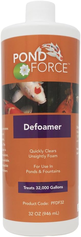 Defoamer 32oz. Concentrated formula quickly eliminates problem causing foam in koi ponds, water gardens, & fountains. Food-grade formula makes it very safe.