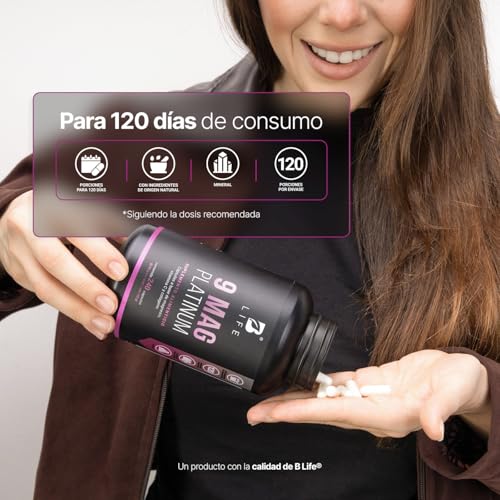 Mezcla de Magnesios Premium con 240 Cápsulas 1100 mg por poción. Adicionado con Colágeno Hidrolizado y Vitamina C. 9 Mag Platinum B Life.