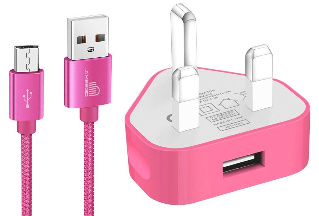 TheMax USB Wall Charger with Micro Cable 1m Compatible with Samsung/Nexus/Sony/HTC/Nokia/Power bank/PS4/X-box/Printers/Wireless/keyboards/Bluetooth Speakers and more-Hot Pink