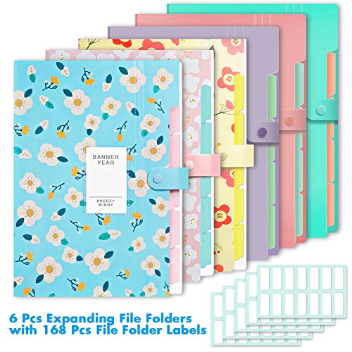 Selizo 6 Pcs Expanding File Folder with 5 Pockets Document Organizer Plastic A4 Size and 168 Pcs File Folder Labels for School Teacher and Office