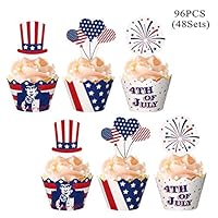 jollylife 96PCS Fourth/4th of July Cupcake Toppers Wrappers - Patriotic Party Supplies Cake Decorations(48Sets)