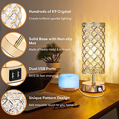 Set of 2 Touch Control Crystal Table Lamps with 2 USB Ports, 3Way