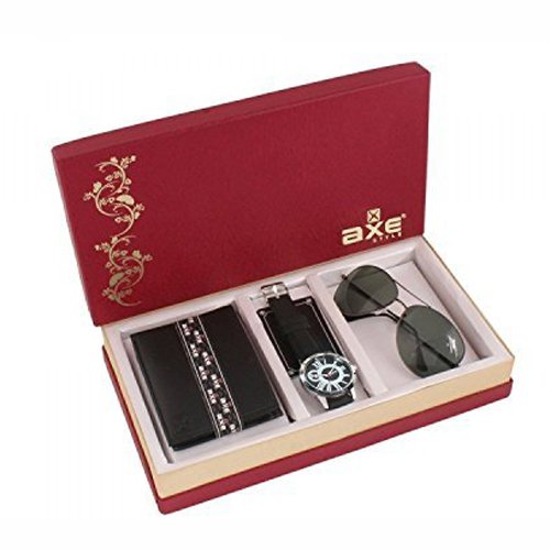 axe style analogue black dial men's combo of watch , wallet and sunglass(x3503wws)