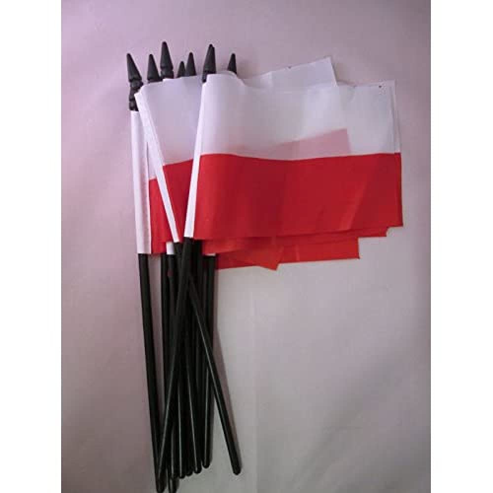 AZ FLAG - Set of 10 Poland Hand Flag 4'' x 6'' with Plastic Stick - 10 Small Polish Flags 100% Polyester 15 x 10 cm with 10'' Black Plastic Flagpole