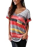 Women Summer V-Neck Short Sleeve Colorful Striped T-shirt Blouse Tops