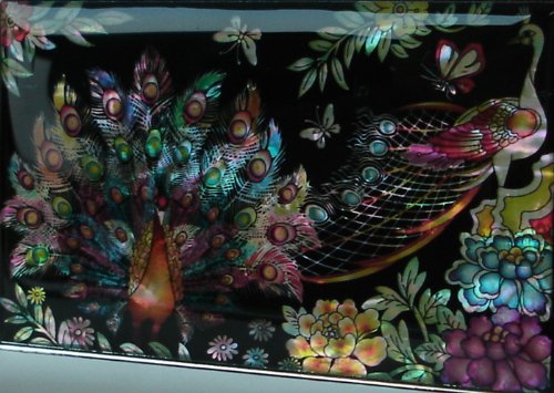 Antique Alive Mother of Pearl Peacock Design Engraved Metal Cigarette Holder Case