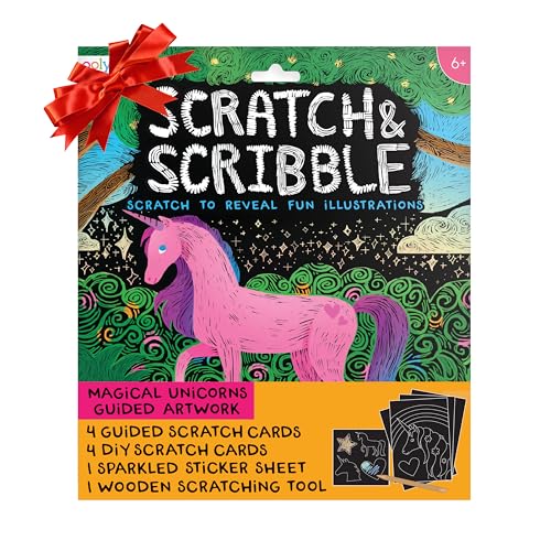 Ooly Scratch & Scribble 10pc Art Kit with 8 Total Scratch Cards (4 Illustrated, 2 Blank, 2 Rainbow) with Scratching Tool and Sparkled Stickers, Art Set Gifts for Kids - Unicorns