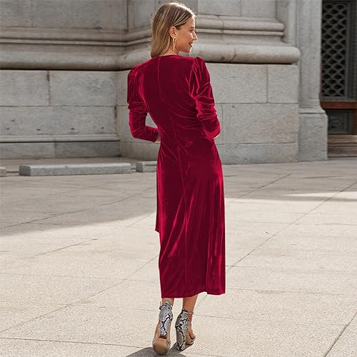 OBEEII RED VELVET DRESS FOR WOMEN FORMAL LONG DRESS ELEGANT V NECK WRAP BODYCON COCKTAIL PARTY MIDI DRESS HOMECOMING EVENING WEDDING GUEST LONG SLEEVE CHRISTMAS DRESS WINE RED S