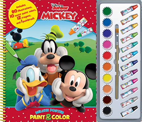 Disney Junior Mickey Deluxe Poster Paint & Color - Coloring Book for kids, 80 illustrations, 10 watercolor paints, 12 crayons, 1 paint brush