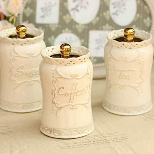 Set of 3 Gold Jars Kitchen Accessories Ceramic Tea Coffee Sugar Canisters Ivory (Gold Jars)