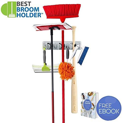 Broom and Mop Holder Wall Mounted Rack Organizer Garden Tool Hanger with 4 Hooks and 3 Slots Up to 1.25" Handle - Quick Installation with Mounting Screws - E-Book Included