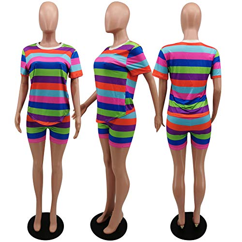 Womens Shorts 2 Piece Outfits Rainbow Stripe Workout Clothes Colorful Two Piece Tracksuits Running Shorts Sets
