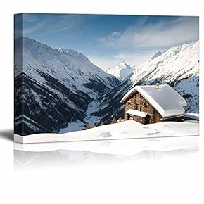 Winterscene of Alpine Valley with Ssnow Coverd Cabin...