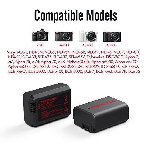 NP-FW50 Camera Battery Photoolex 2 Pack 1150mAh Power Battery and Dual USB Battery Charger Compatible for Sony A6000/A6300/A6500 NEX-3/5/6/7 SLT-A33/37 Alpha 7/7R/7S DSC-RX10/ILCE-6300/5000/5100/6000