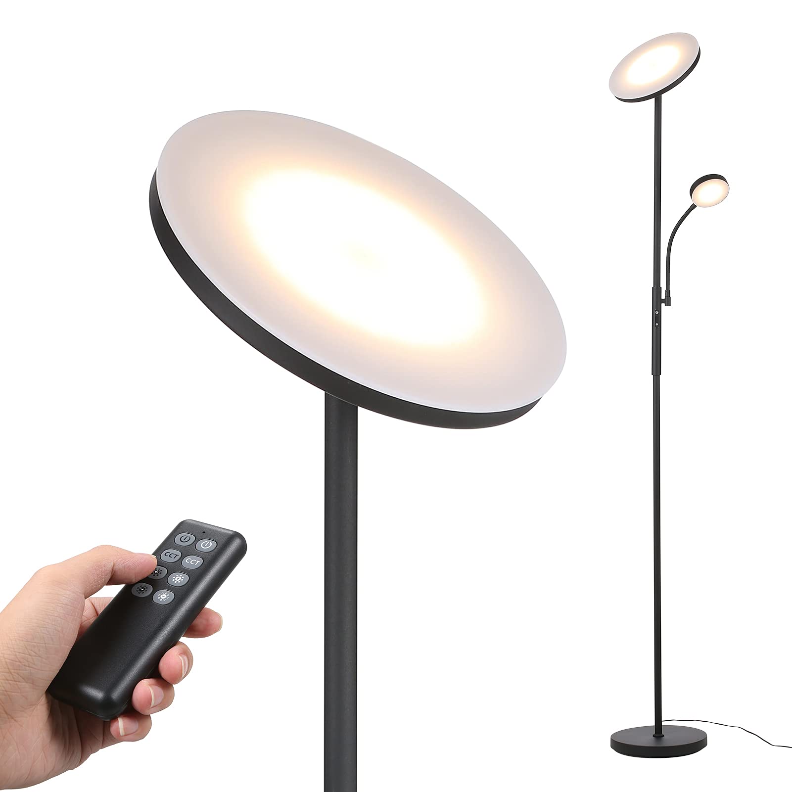 Tomshine Led Uplighter Floor Lamps Dimmable Rotatable 2 Lights for Living Room with Remote 4 Color Temperatures Standing Lamp 27W Main 7W Side Reading Lamp for Living Room
