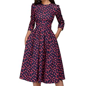 Simple Flavor Women’s Floral Vintage Dress Elegant Midi Evening Dress 3/4 Sleeves