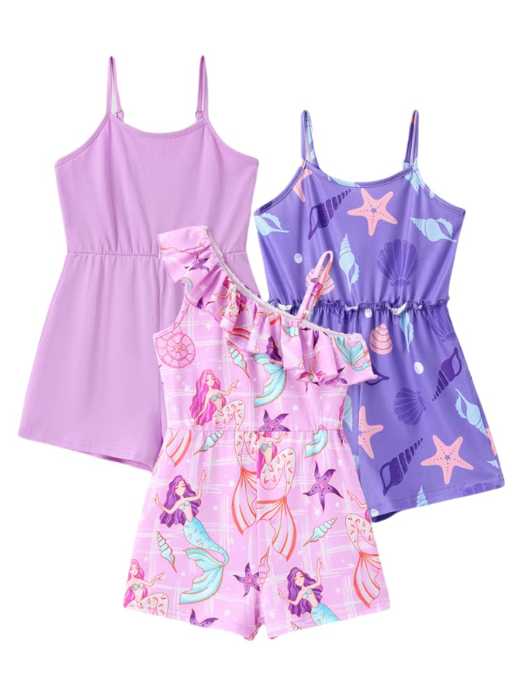 Photo 1 of **ONLY THE SOLID PURPLE COLOR ONE/MISSING 2 ROMPERS***PATPAT Girls Rompers Size 5-6 Purple/Mermaid/Conch Animal Print 3 Pack Rompers Ruffle Shoulder Spaghetti Strap Wide Leg Jumpsuits Overall Shorts Toddler Girls Clothes Kids Jumper