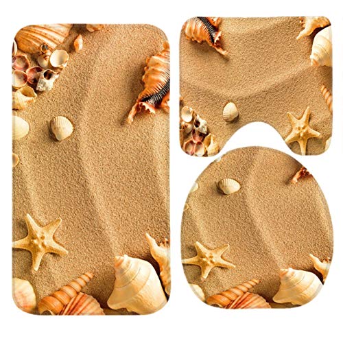 Beach Sea Shell Sand Hot Non-Slip 3 PCS Bathroom Rug Mats Set, Shower Mat and Soft Toilet Cover Mat, Anti Rug for Family Men Women Kids, Bathroom Accessories