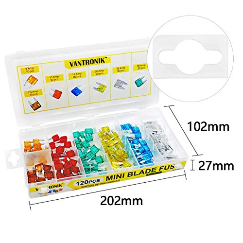 VANTRONIK Mini Blade Car Fuse 120PCS Assorted 5A 7.5A 10A 15A 20A 25A 30A Replacement APM/ATM Assortment Kit Set with Fuse Puller
