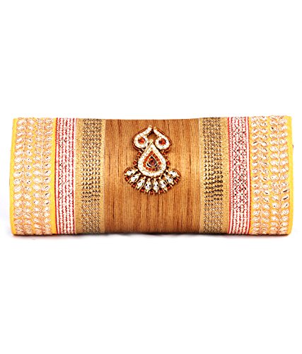 Abqa Womens Party Silk Clutch With Zari Work And Crystal Brooch (Gold)