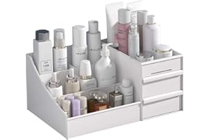 POFUOT skin care organizer,Makeup Desk Organizer With Drawers,Countertop Organizer for Cosmetics,Vanity brush with Holder for Lipstick, Brushes, Eyeshadow, and Jewelry Desktop Finishing Dresser (White)