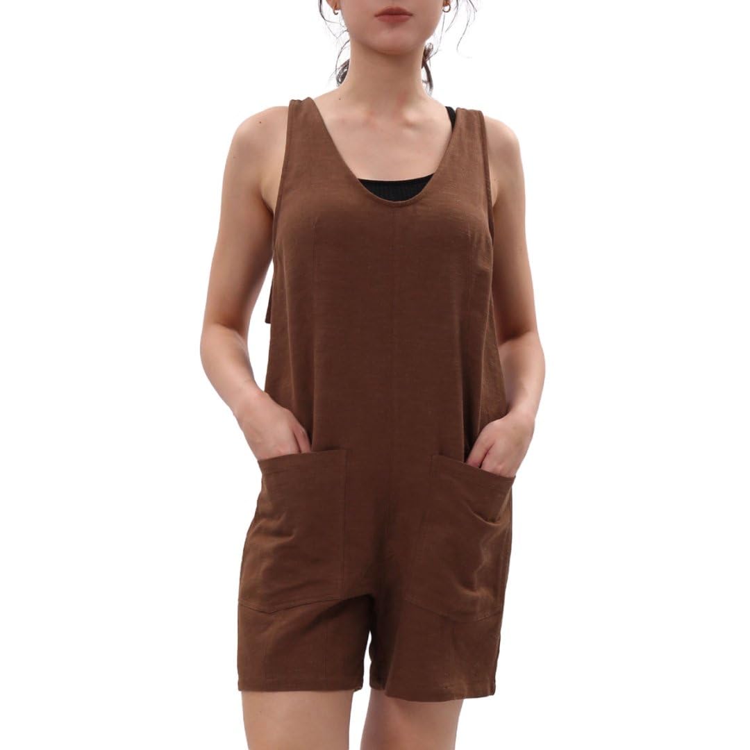 Photo 1 of Amazhiyu Women's Linen Summer Casual Short Romper Loose Jumpsuits with Pockets Brown, X-Large