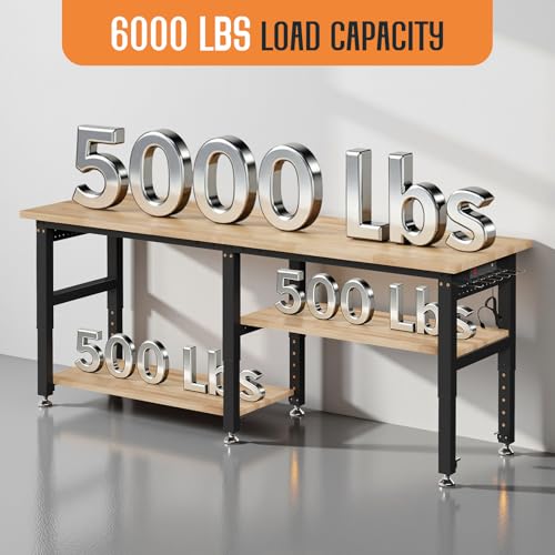 SPECRAFT Adjustable 2-Tier Workbench with 4 AC Outlet and 2 USB Ports Power Outlets, 2000 Lbs Capacity Heavy Duty Workbench, Rubber Wood Top for Garage, Workshop, Office（84x20in）