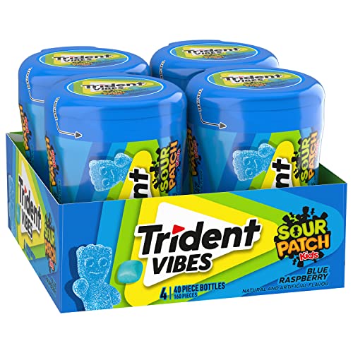 TRIDENT VIBES SOUR PATCH KIDS BLUE RASPBERRY SUGAR-FREE CHEWING GUM, 4 BOTTLES OF 40 PIECES (160 TOTAL PIECES)