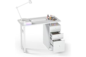 Charmmade Nail Desk,White Manicure Table,Beauty Salon Nail Desk, Acetone Resistant Nail Station with Wrist Cushion, Storage Drawers, and Cabinets, for Beauty, Salon, Spa Makeup (White-03)