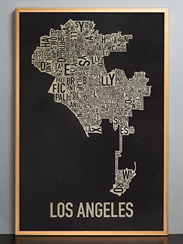 Framed Los Angeles Neighborhoods Map Art Screen Print, Black &amp; Gold, 20" x 30" in Bronze Frame