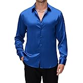 Damipow Satin Silk Mens Dress Shirts Long Sleeve Button Up Shirt Wedding Party Prom Shirt