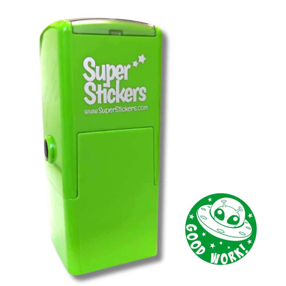 Superstickers Teacher Stamp - Good Work Alien Design - Green Ink - Self Inking Education Stamper for Marking - 23 x 23mm