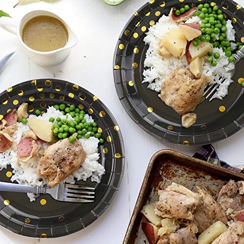 Black and Gold Party Supplies - 200PCS Disposable Black Paper Plates Dinnerware Set Gold Dots 50 Dinner Plates 50 Dessert Plates 50 9oz Cups 50 Napkins Wedding Birthday Party Baby Shower Christmas