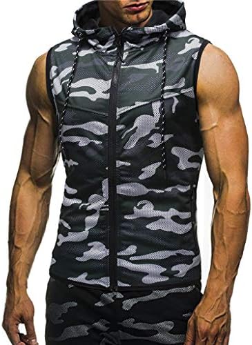 Mens Sleeveless Hoodie Gym Tank Tops Camouflage Print Slim Fit Bodybuilding Zipper Vest Blouse