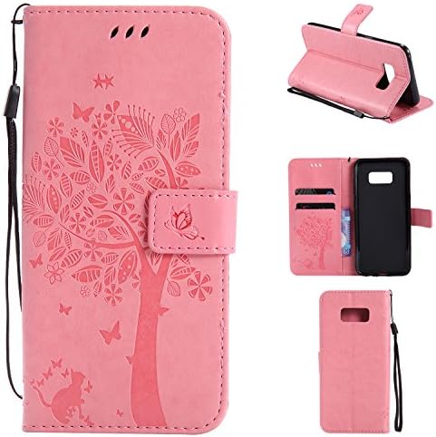 Galaxy S8 Wallet Case -MOONESS Embossing Fashion Floral Countryside PU Leather Case,Magnetic Flip Kickstand Cover Card Holders &amp; Hand Strap for Samsung Galaxy S8(Pink)